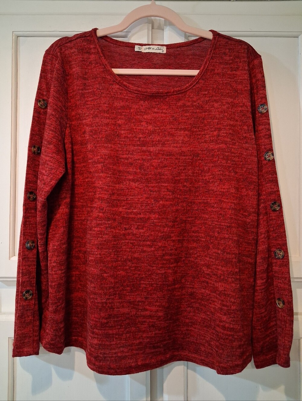 All in Love red marled long-sleeve sweater, decorative buttons on the sleeves L